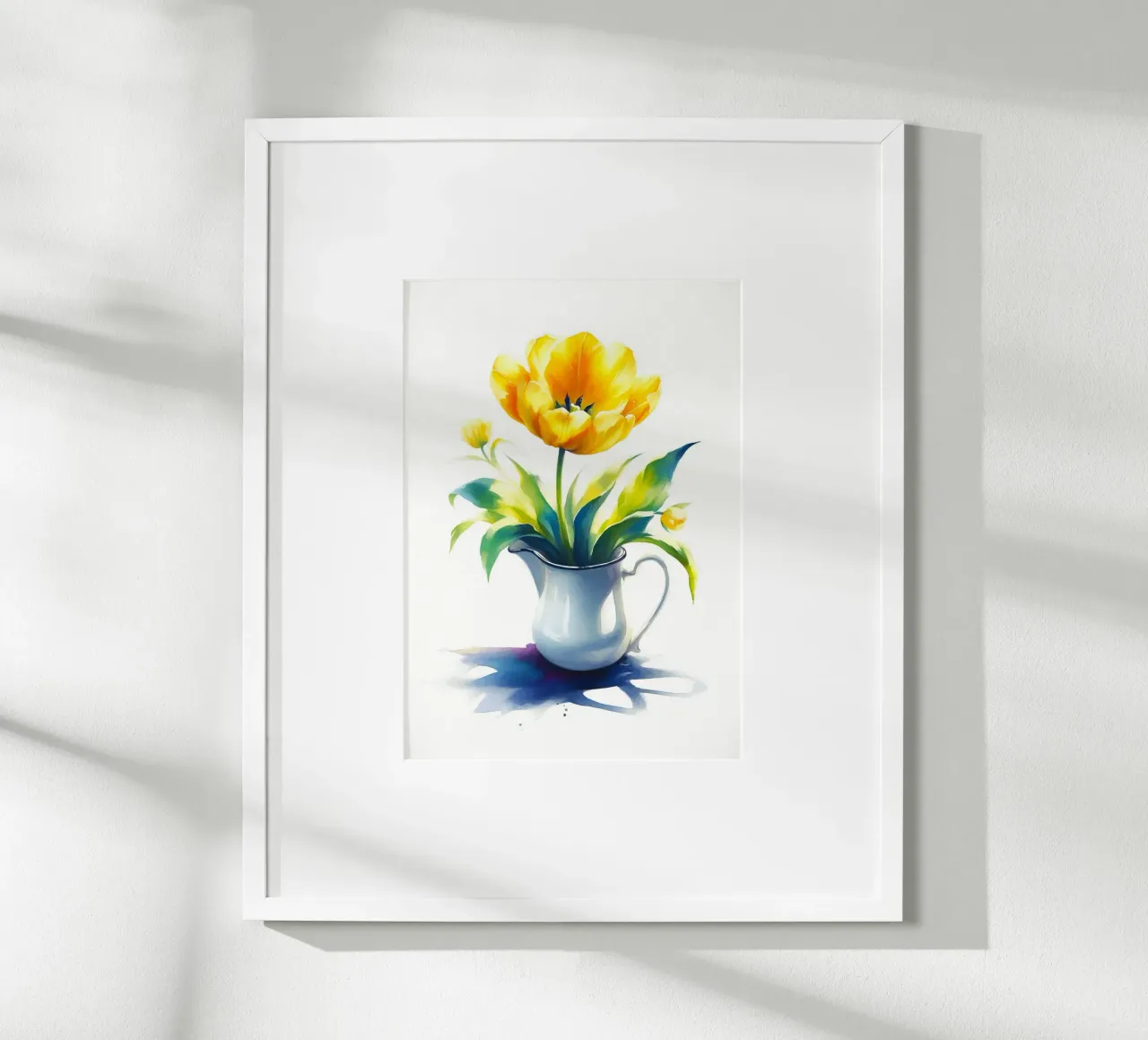 Un singolo tulipano giallo in una brocca di smalto bianco poster da Bloom And Brush