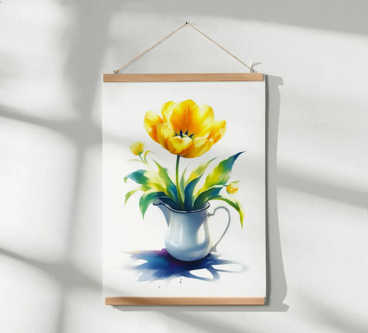 Un singolo tulipano giallo in una brocca di smalto bianco poster da Bloom And Brush