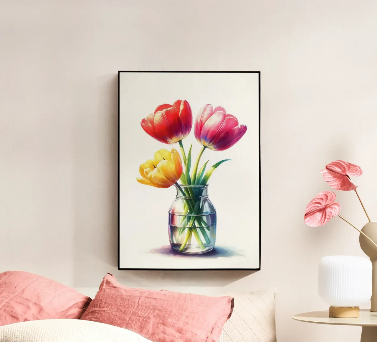 Tre tulipani in un vaso di vetro trasparente con acqua plexiglass da Bloom And Brush