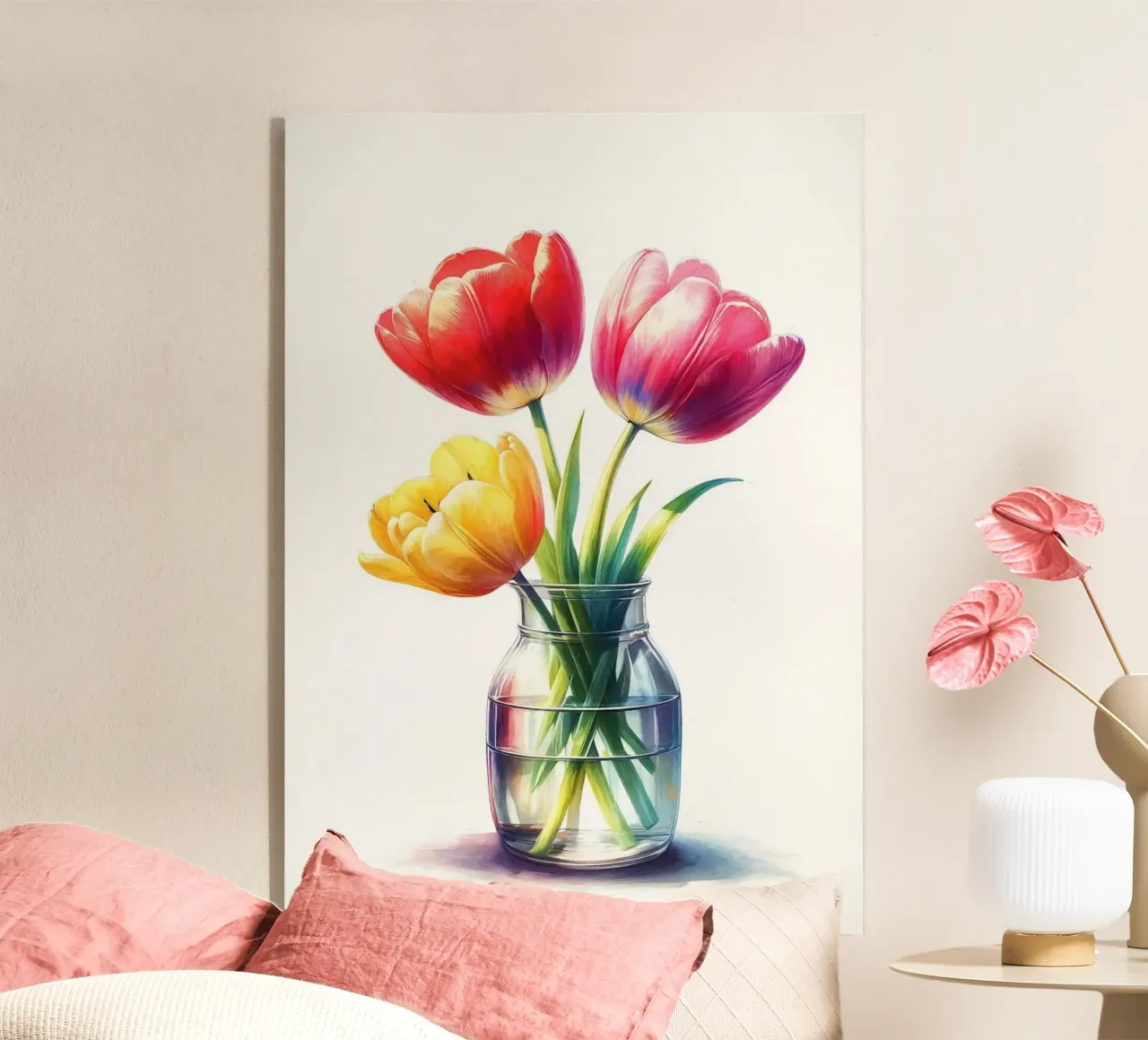 Tre tulipani in un vaso di vetro trasparente con acqua plexiglass da Bloom And Brush