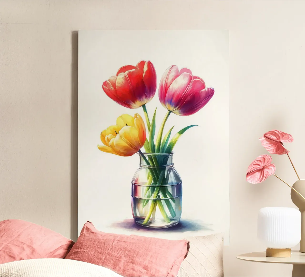 Tre tulipani in un vaso di vetro trasparente con acqua tela da Bloom And Brush