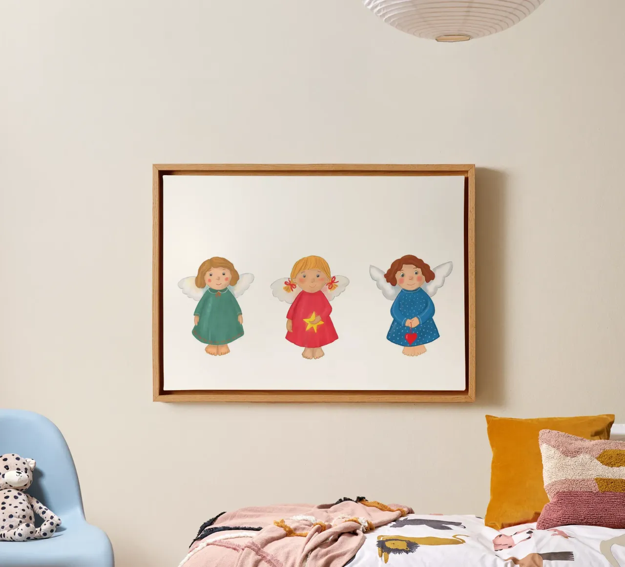 Three cute little Christmas angels canvas with Floater frame by Farbwelten