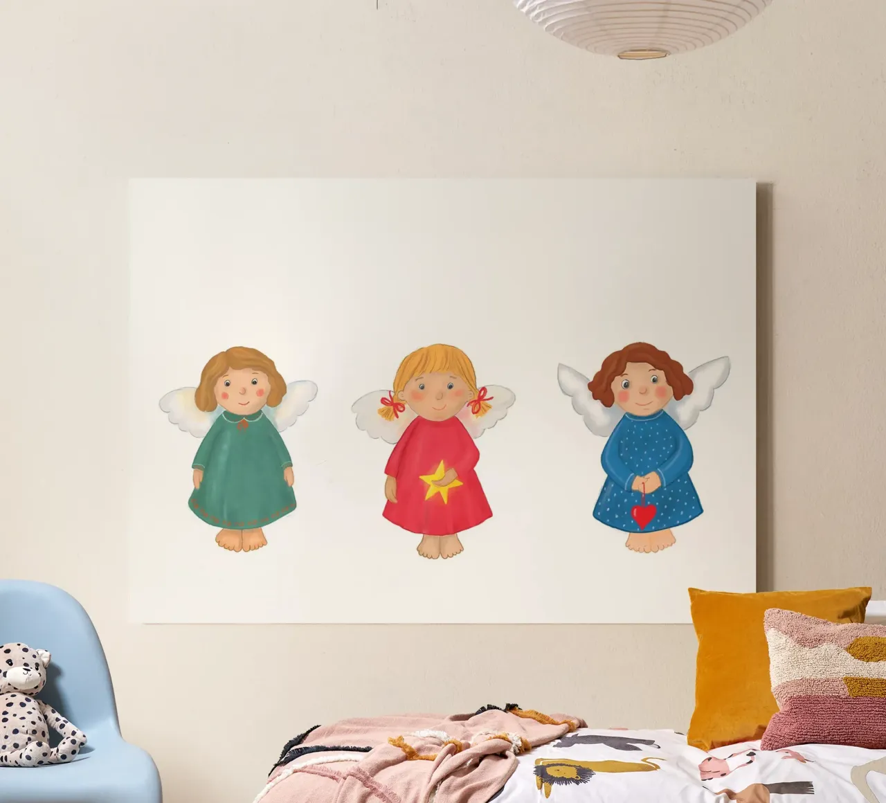 Three cute little Christmas angels canvas with Floater frame by Farbwelten