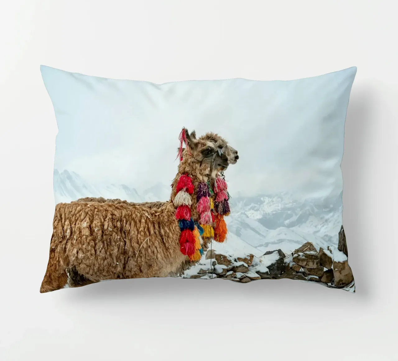 Alpaca in piedi su una montagna innevata cuscino da The Herringstore