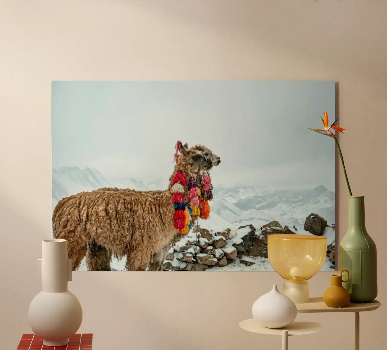 Alpaca in piedi su una montagna innevata plexiglass da The Herringstore