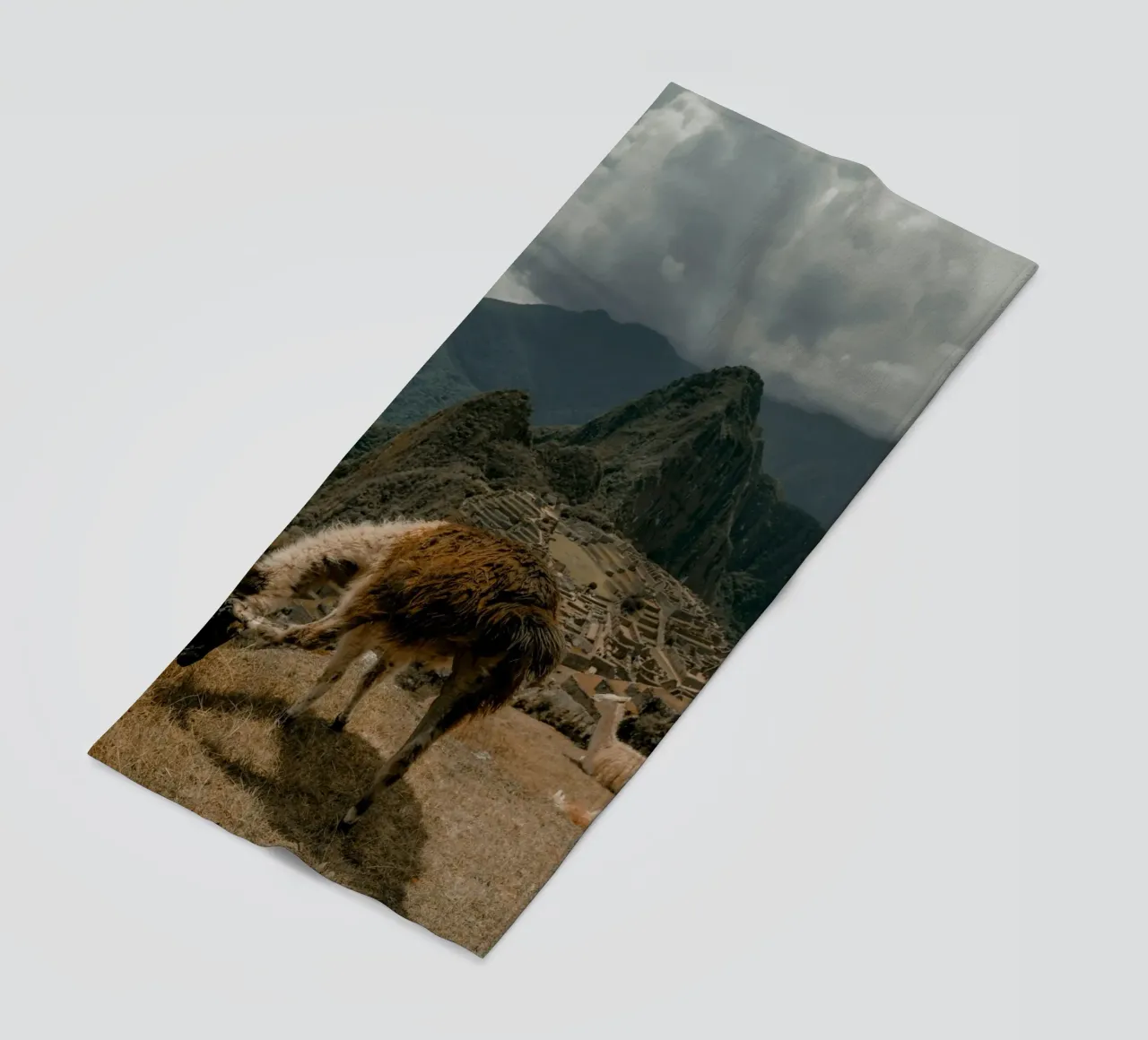 I lama al pascolo in primo piano a Machu Picchu telo mare da The Herringstore