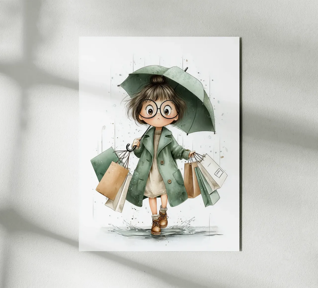 Poster per la camera da letto di una ragazza con ombrello sotto la pioggia alluminio dibond da Kid’s Dream