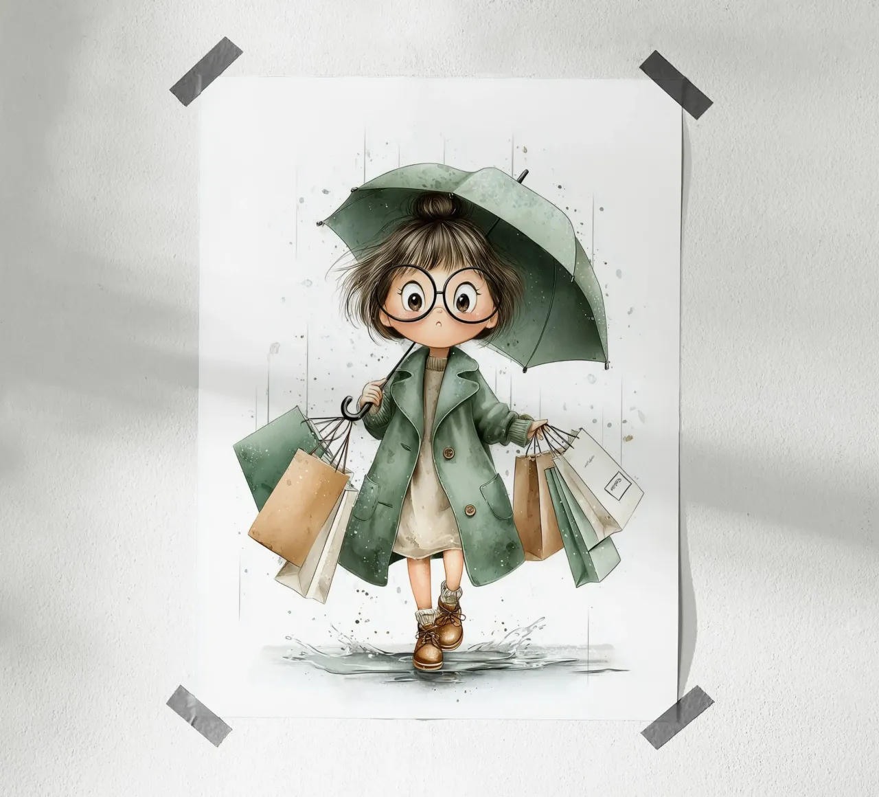 Poster per la camera da letto di una ragazza con ombrello sotto la pioggia carta hahnemühle da Kid’s Dream