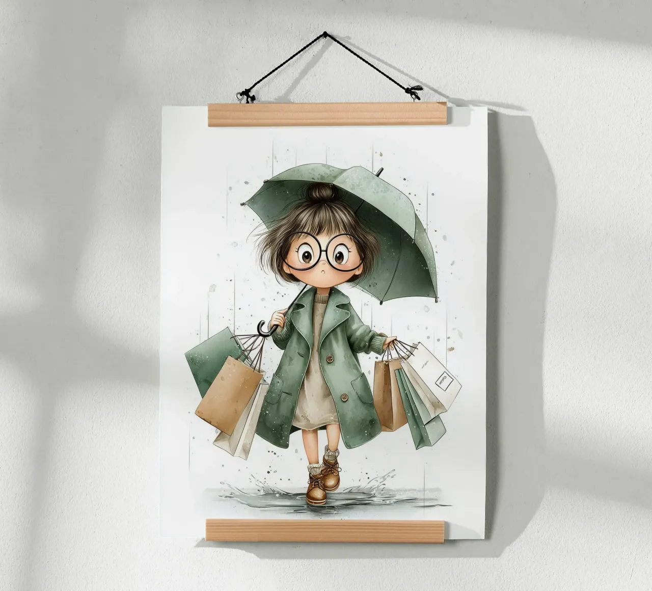 Poster per la camera da letto di una ragazza con ombrello sotto la pioggia carta hahnemühle da Kid’s Dream