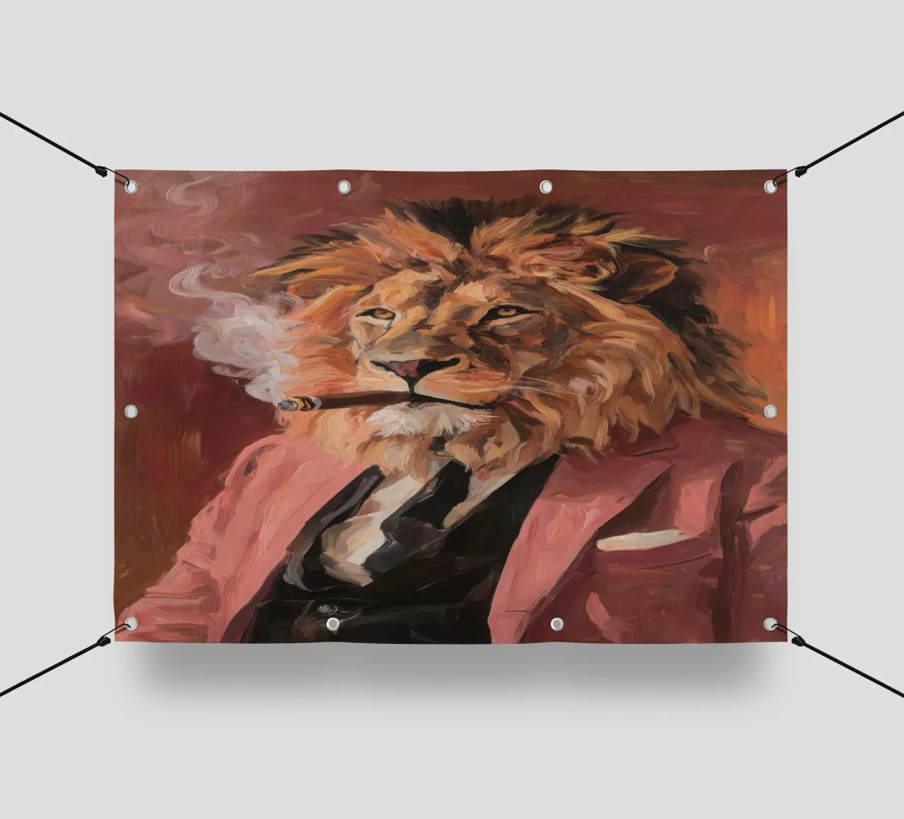 Pittura a olio Leone in abito rosa telo in pvc da Nikis Art Studio