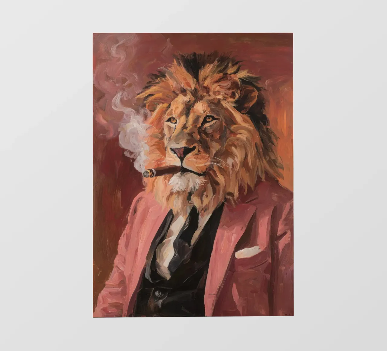 Pittura a olio Leone in abito rosa telo in pvc da Nikis Art Studio