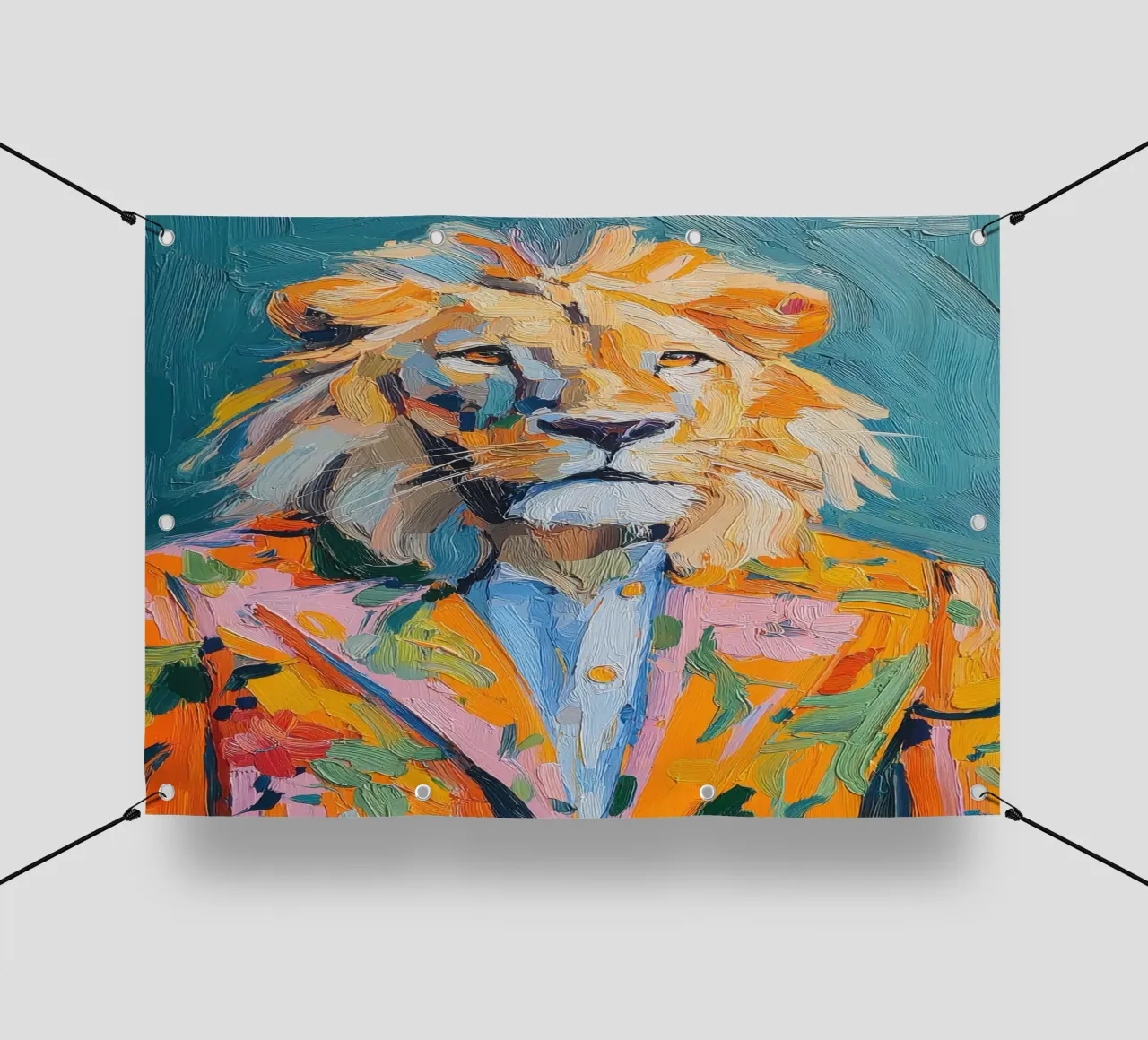Pittura a olio colorata con leone in abito telo in pvc da Nikis Art Studio