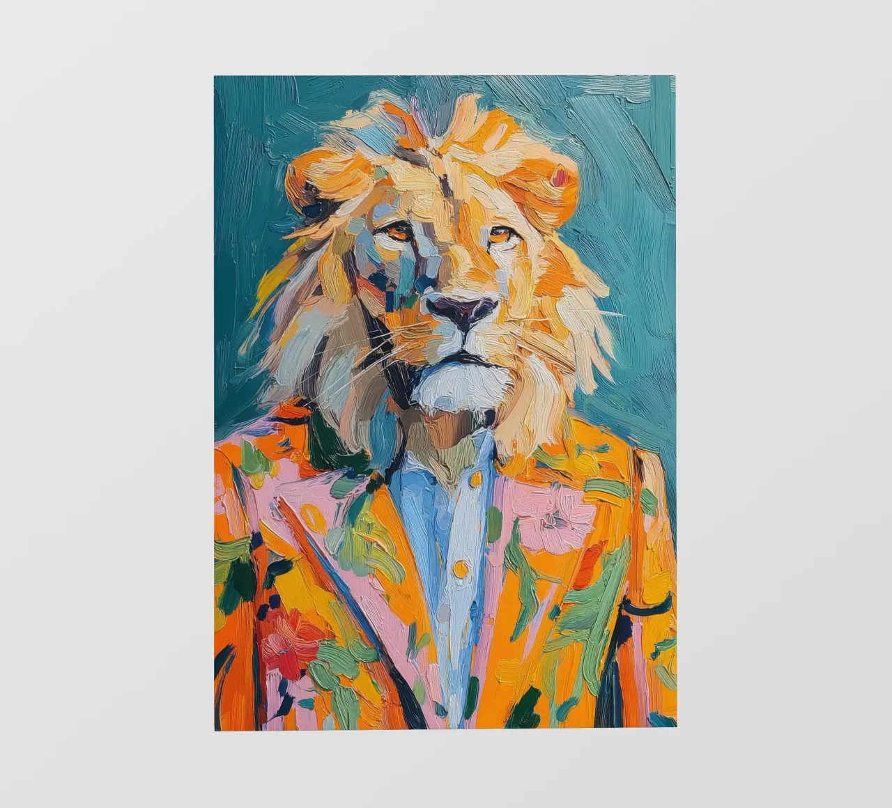 Pittura a olio colorata con leone in abito telo in pvc da Nikis Art Studio