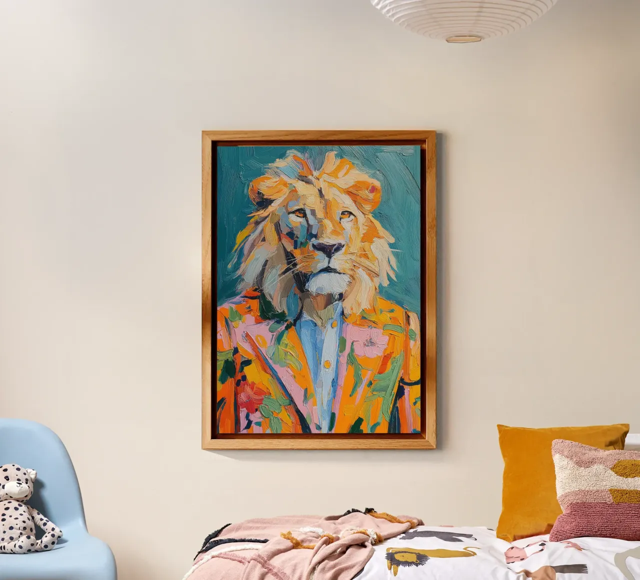 Pittura a olio colorata con leone in abito alluminio dibond da Nikis Art Studio