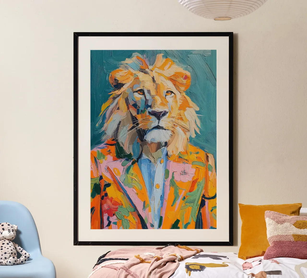Pittura a olio colorata con leone in abito carta hahnemühle da Nikis Art Studio
