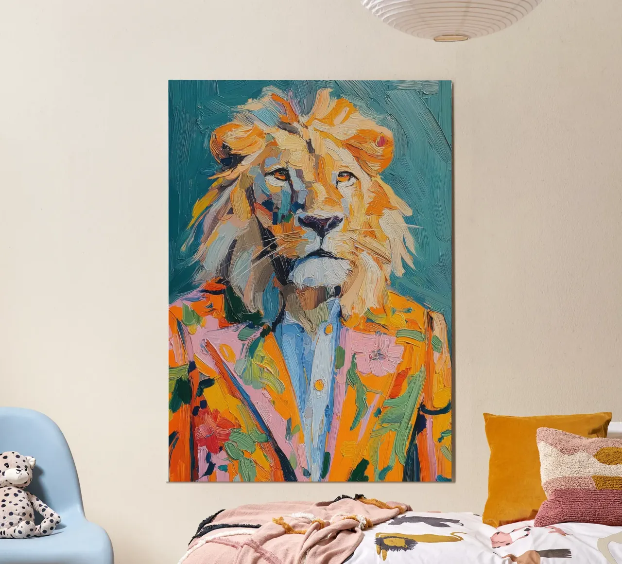 Pittura a olio colorata con leone in abito carta hahnemühle da Nikis Art Studio