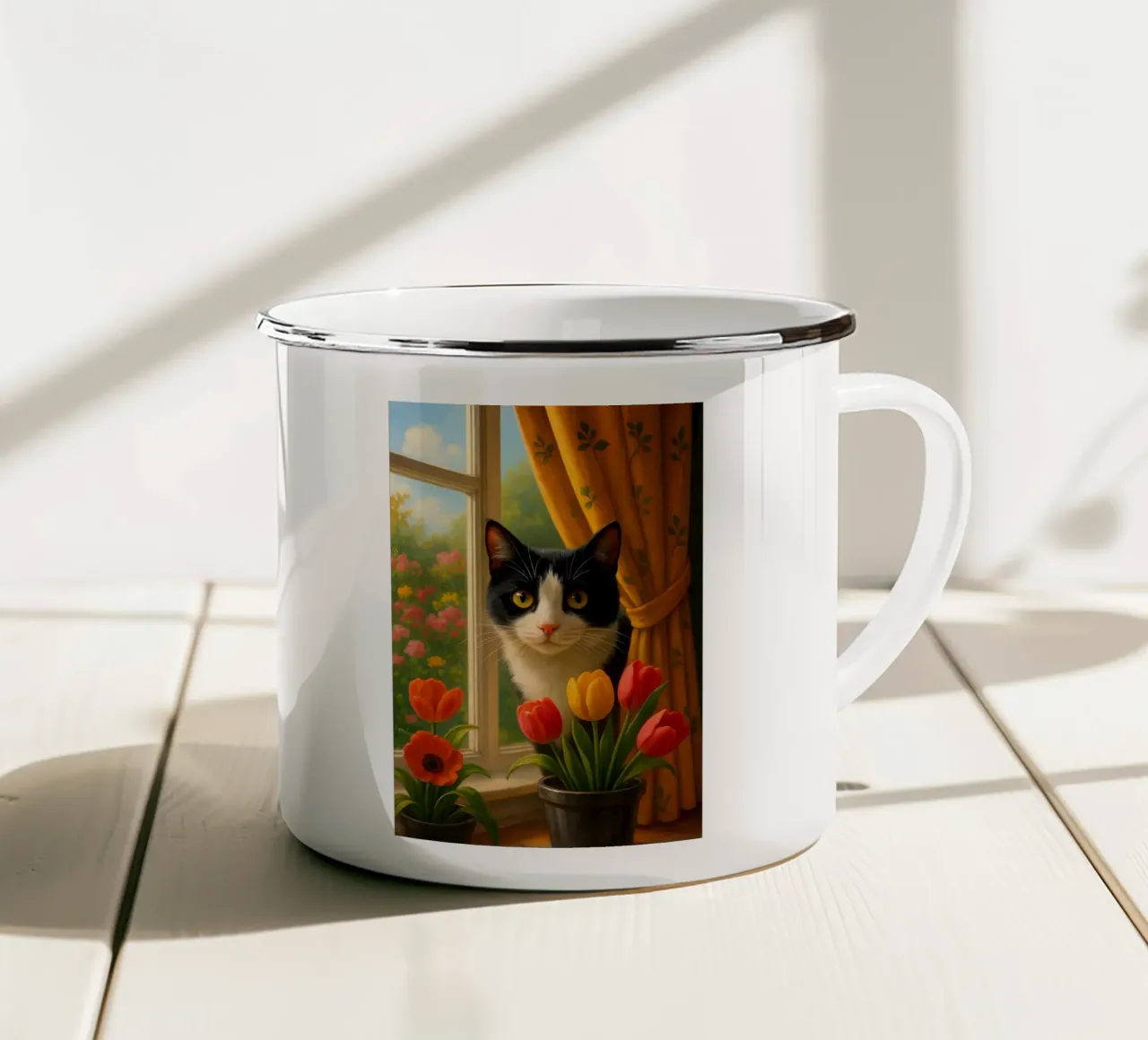 Cute Cat On The Window tazza in smalto da Catur Creative