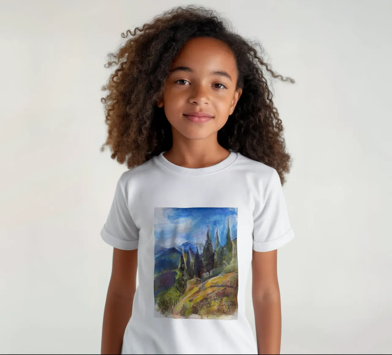 Alpine Serenity, impressionist soft pastel landscape drawing kids t-shirt by Stoian Hitrov
