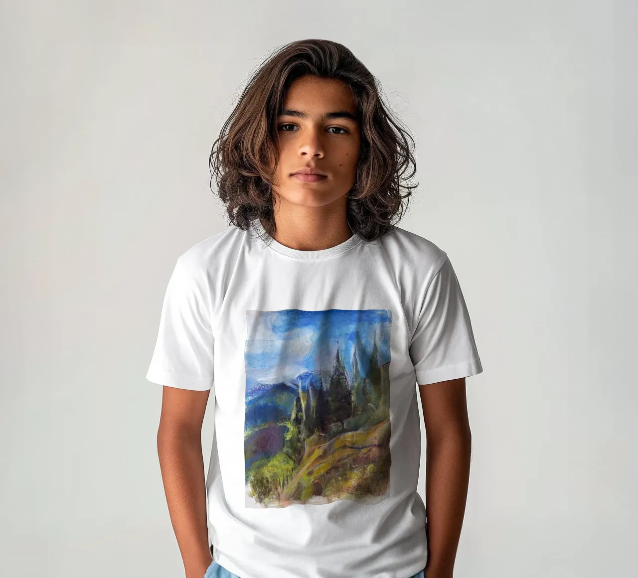Alpine Serenity, impressionist soft pastel landscape drawing kids t-shirt by Stoian Hitrov