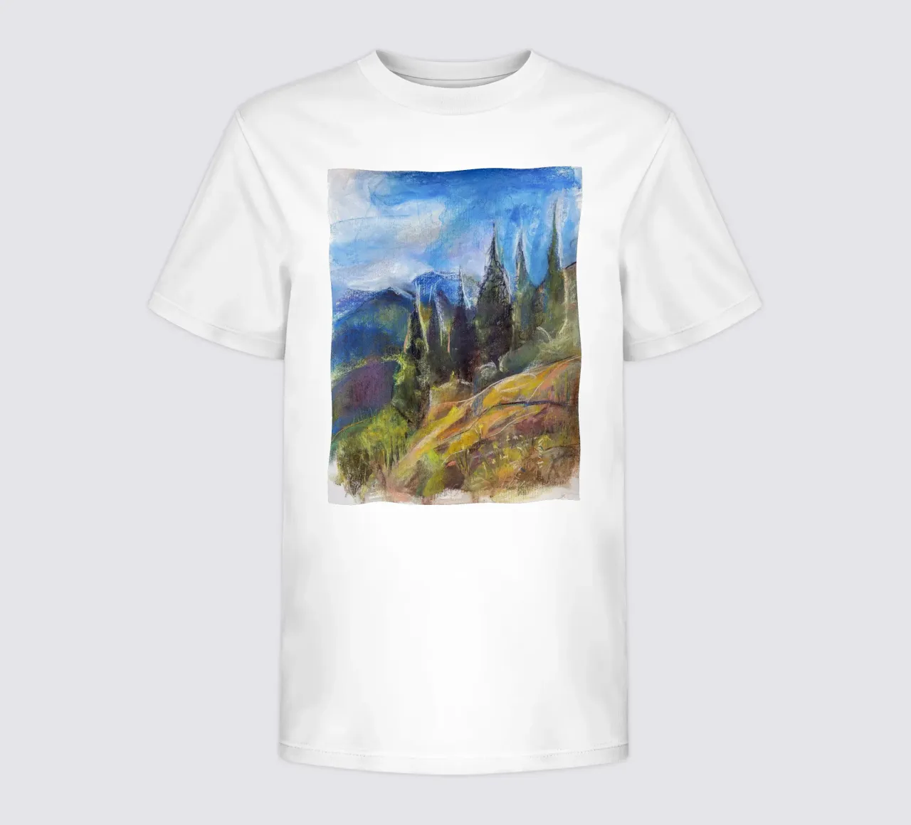 Alpine Serenity, impressionist soft pastel landscape drawing kids t-shirt by Stoian Hitrov