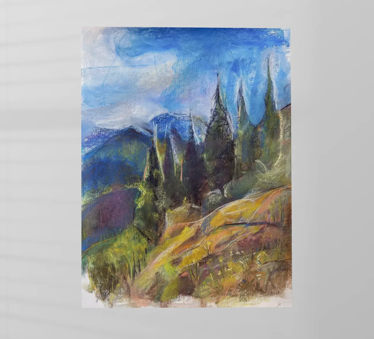 Alpine Serenity, impressionist soft pastel landscape drawing pellicola backlit da Stoian Hitrov