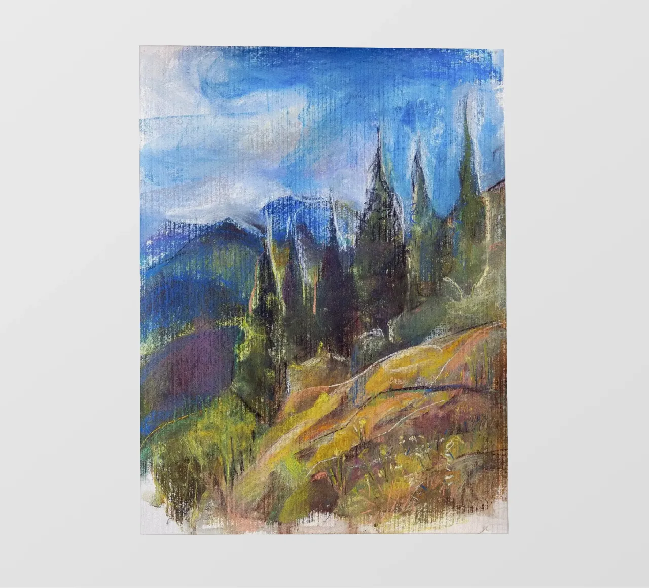 Alpine Serenity, impressionist soft pastel landscape drawing pellicola backlit da Stoian Hitrov