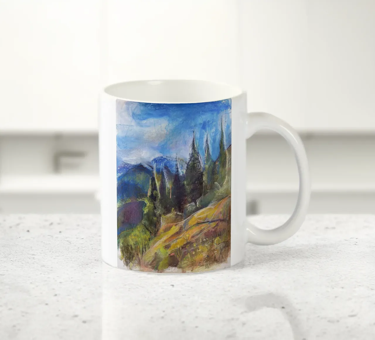 Alpine Serenity, impressionist soft pastel landscape drawing tazza in ceramica da Stoian Hitrov