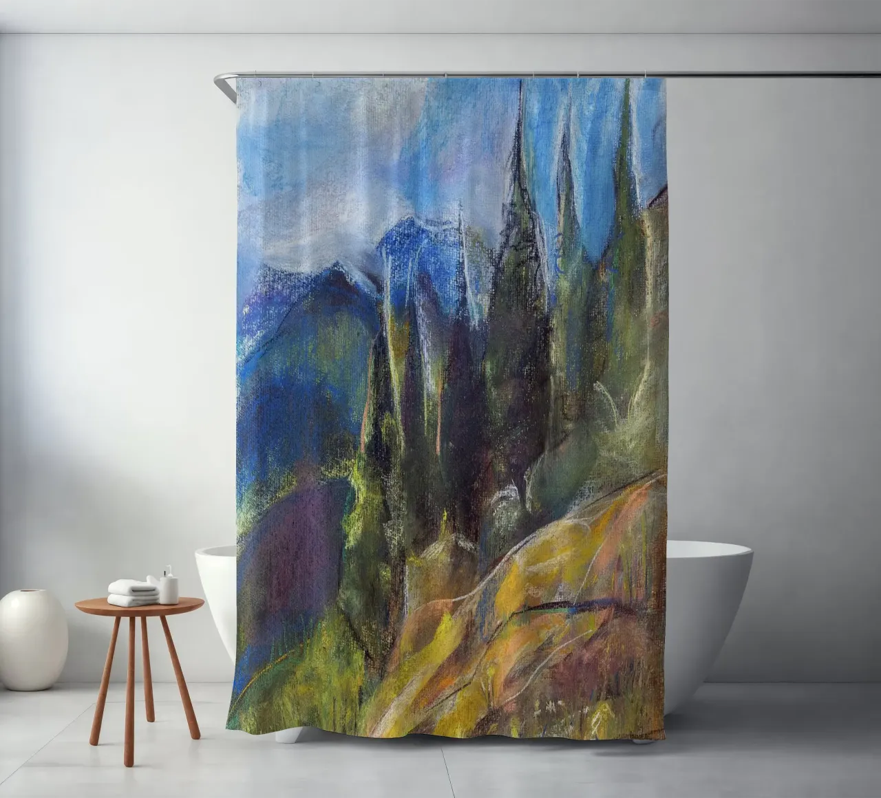 Alpine Serenity, impressionist soft pastel landscape drawing shower curtain by Stoian Hitrov