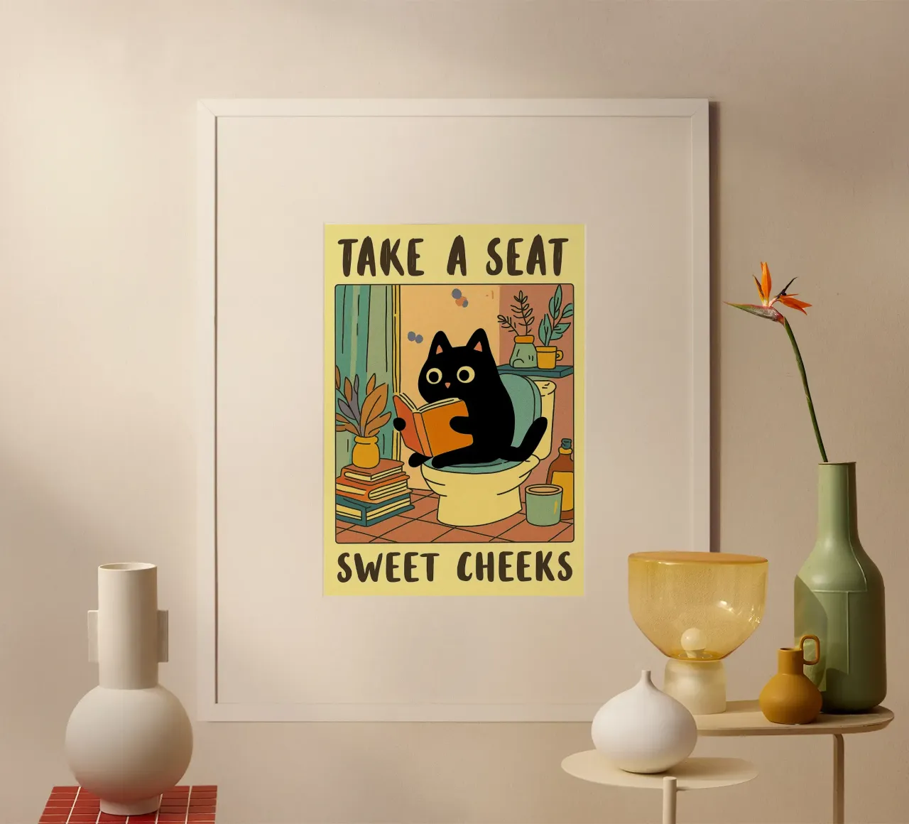 take a seat funny cat bathroom drawing poster with aluminum frame by dahlianz