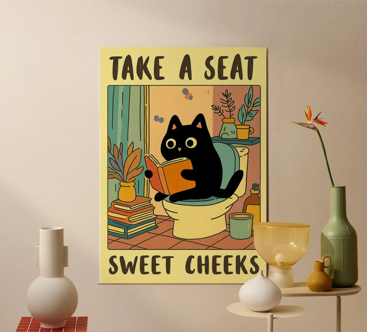 take a seat funny cat bathroom drawing poster with aluminum frame by dahlianz