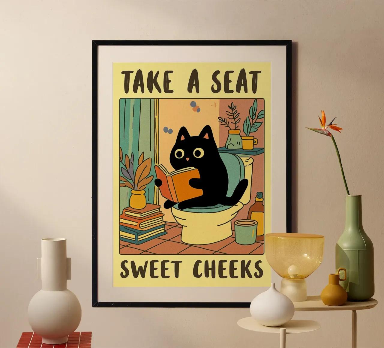take a seat funny cat bathroom drawing poster with aluminum frame by dahlianz