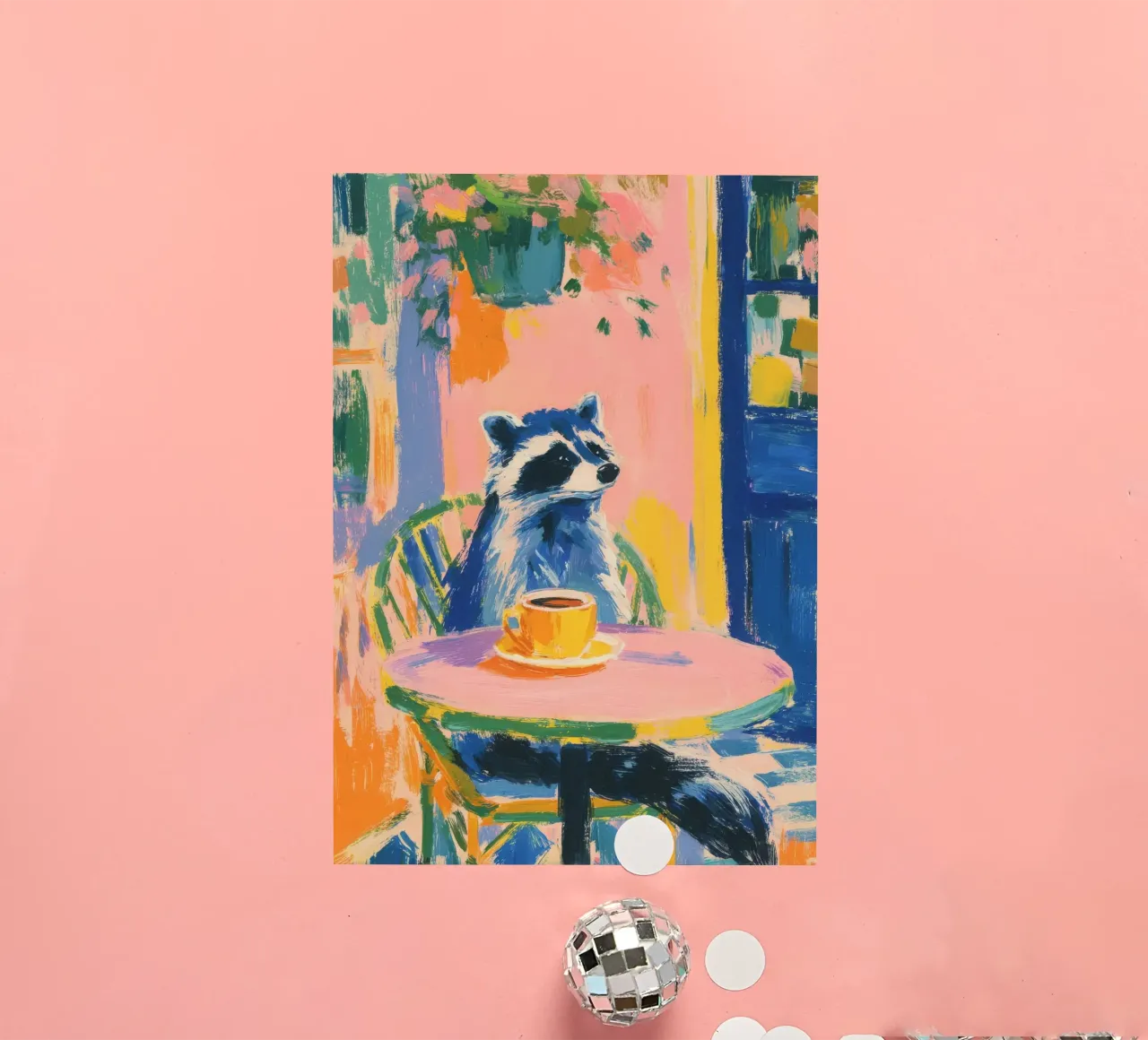 Procione pastello con caffè in terrazza adesivo da Nikis Art Studio