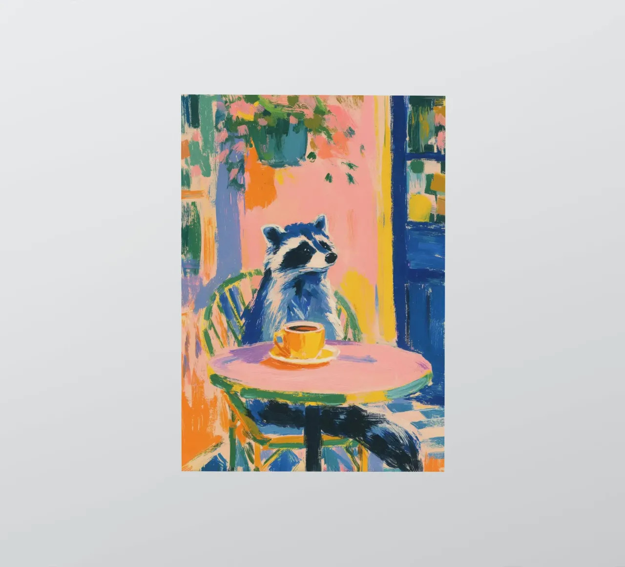 Procione pastello con caffè in terrazza adesivo da Nikis Art Studio