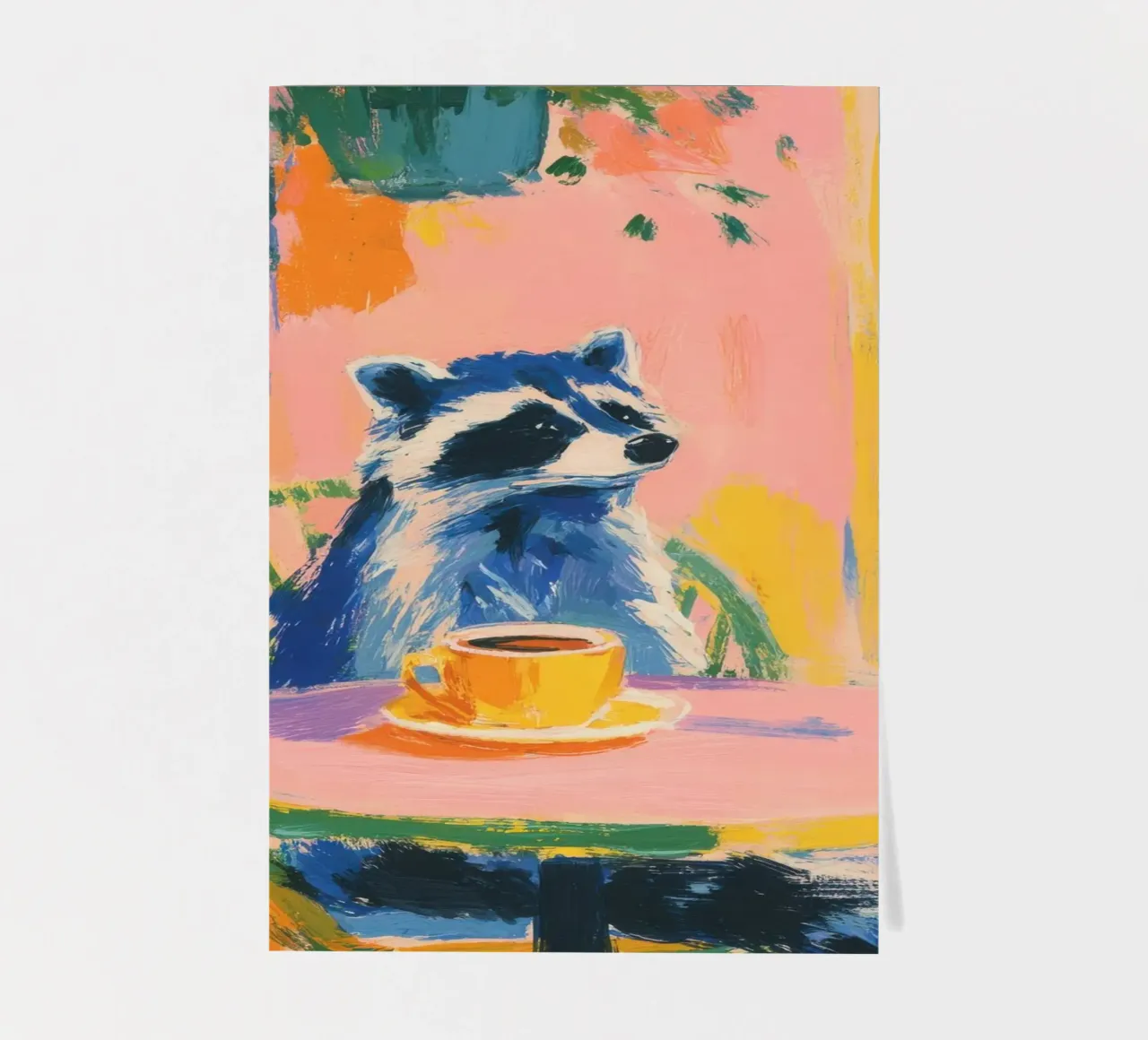 Procione pastello con caffè in terrazza foglio adesivo da Nikis Art Studio