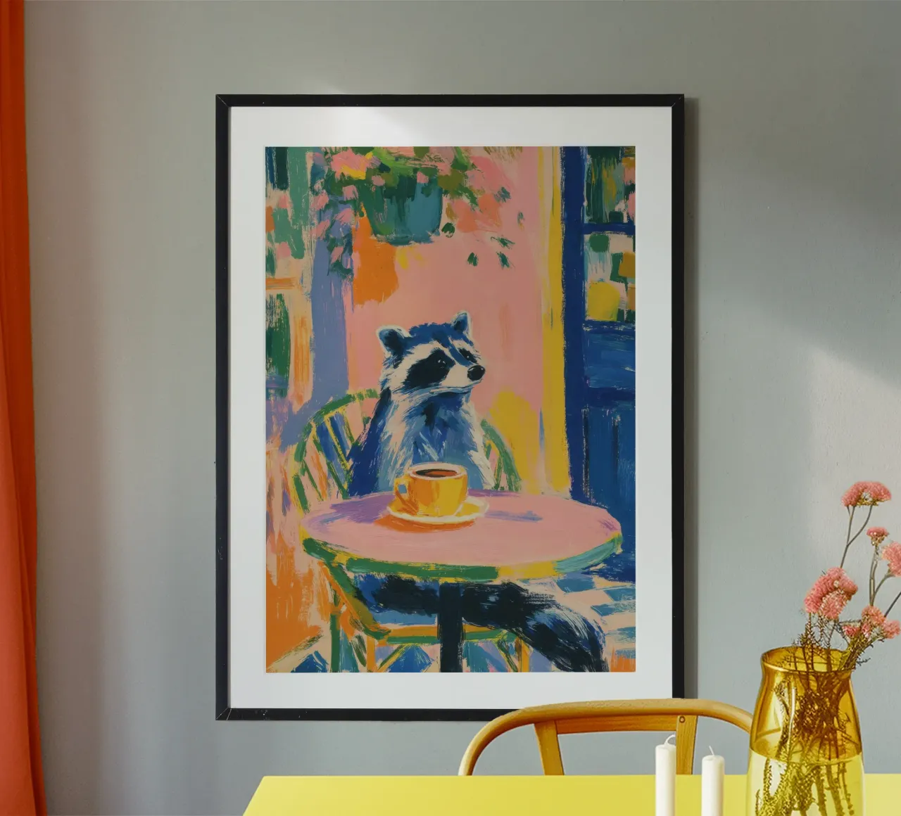 Procione pastello con caffè in terrazza poster da Nikis Art Studio
