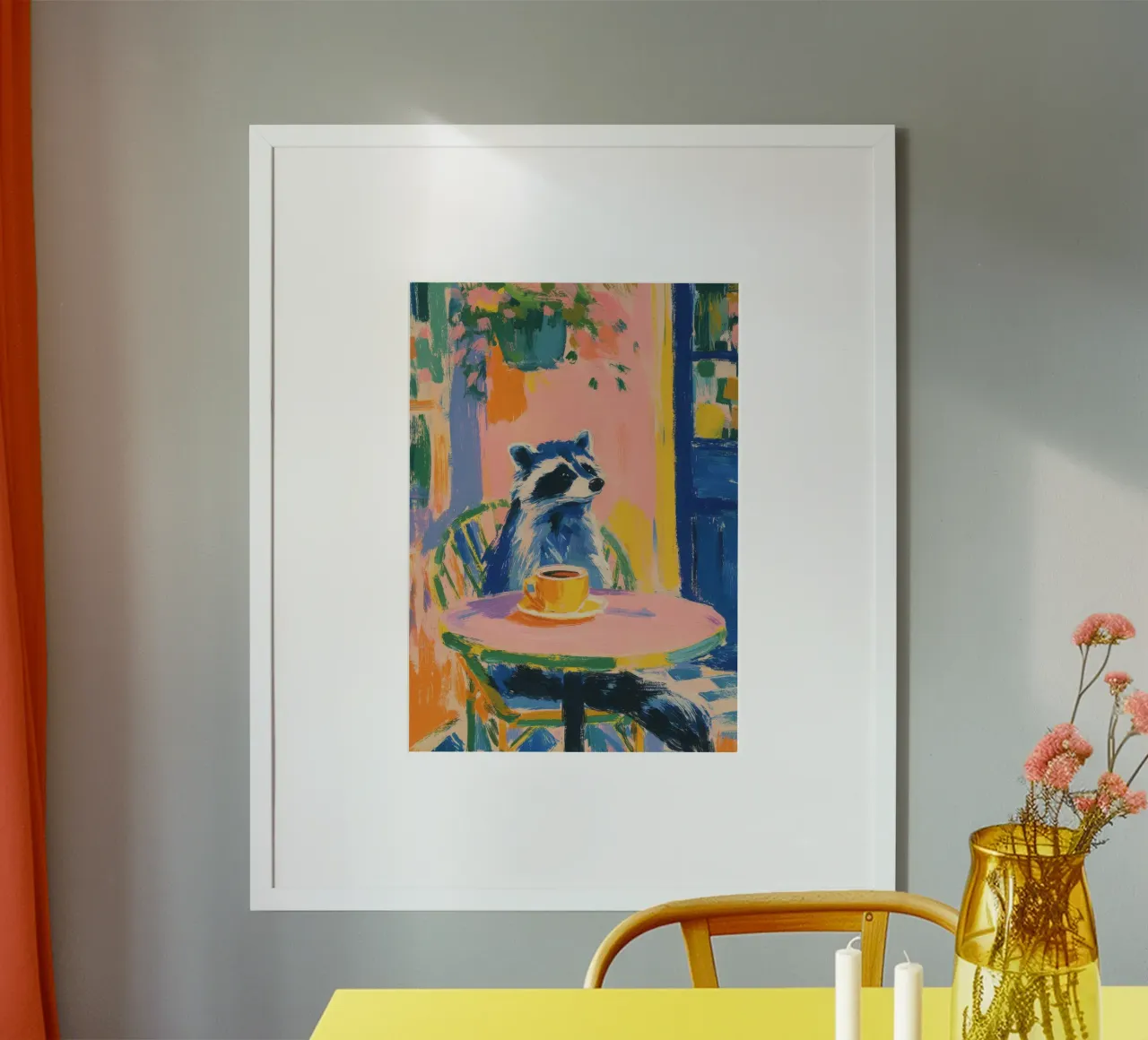 Procione pastello con caffè in terrazza poster da Nikis Art Studio