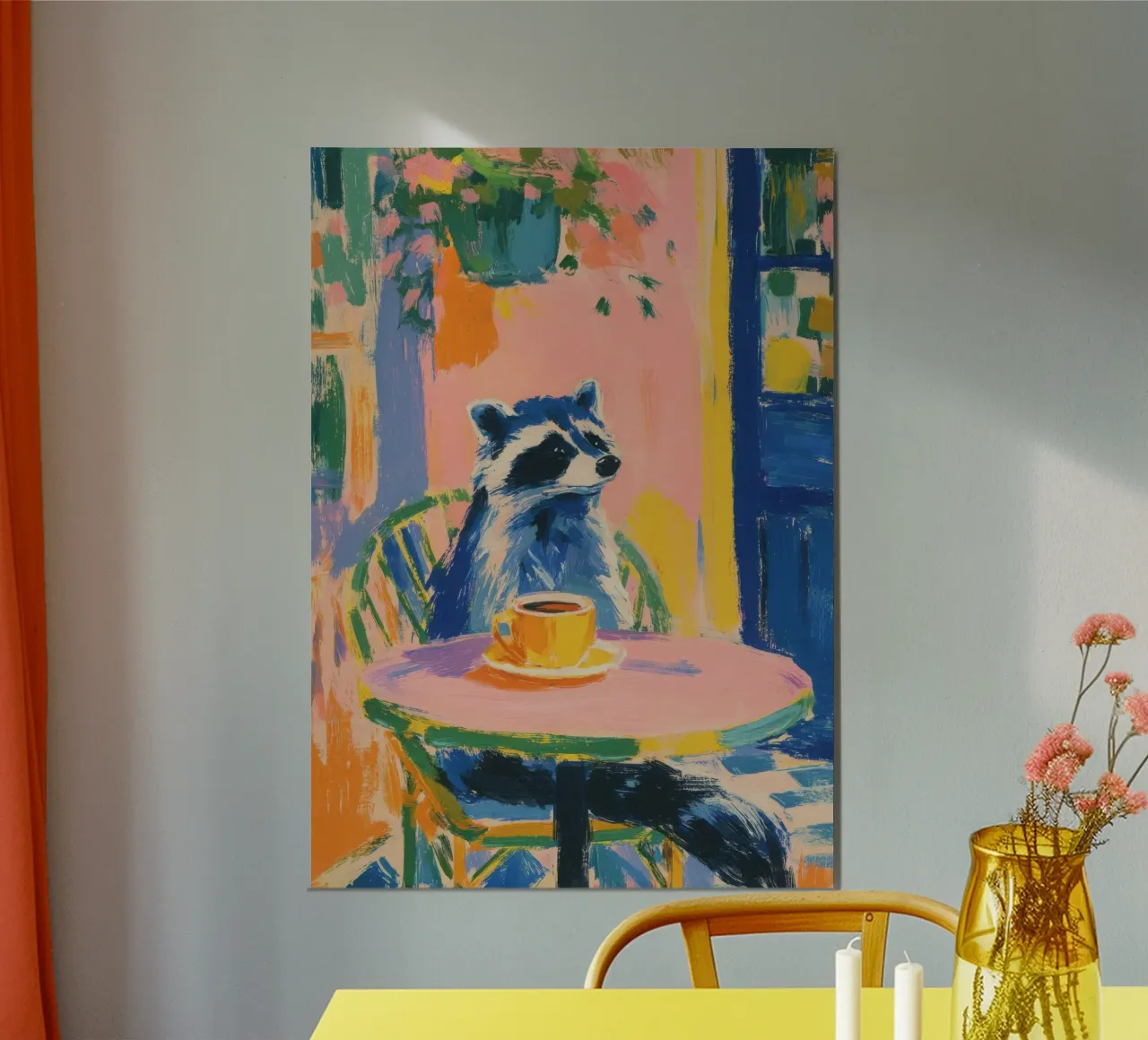 Procione pastello con caffè in terrazza poster da Nikis Art Studio