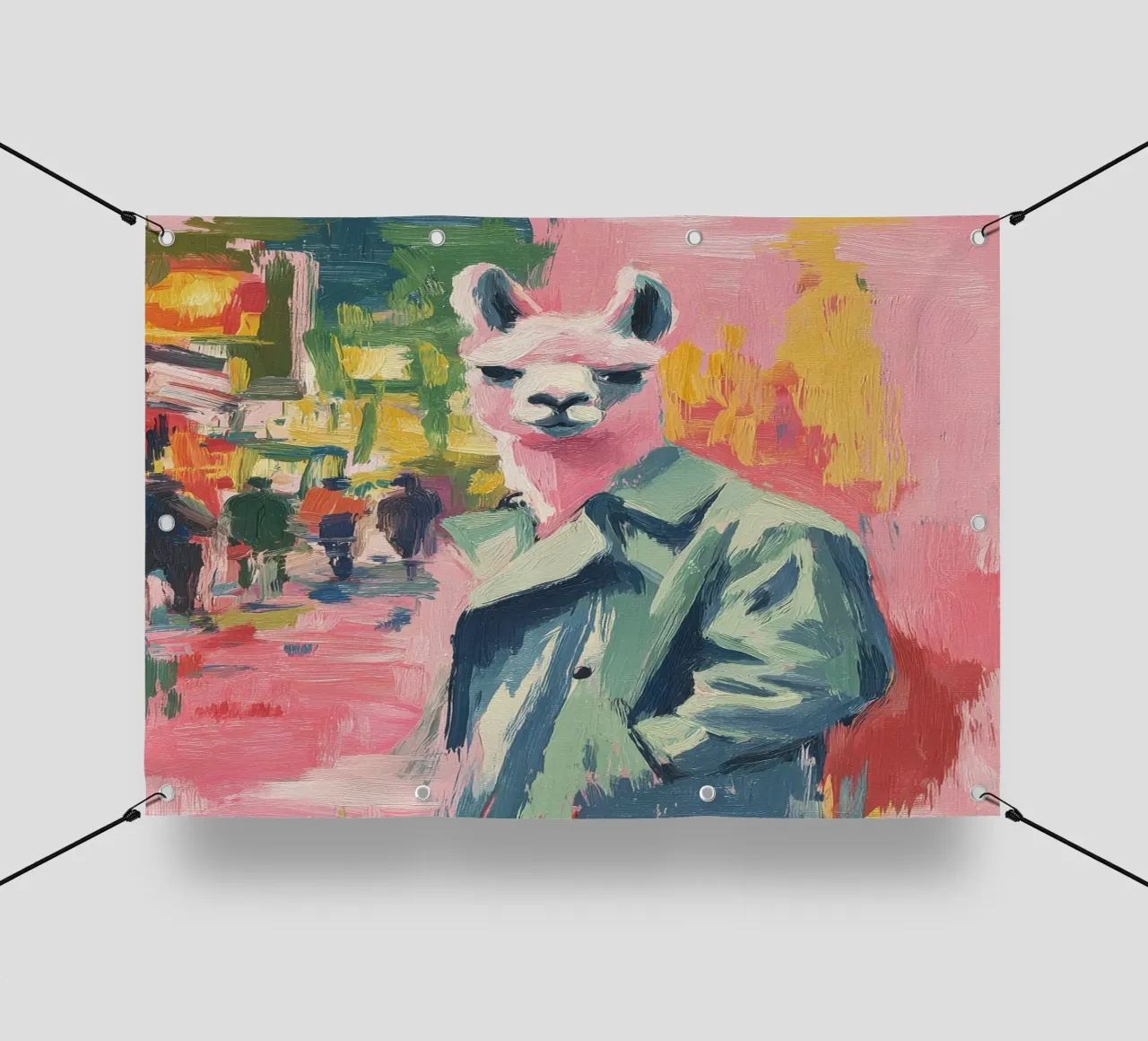 Un lama rosa con un cappotto verde per strada telo in pvc da Nikis Art Studio
