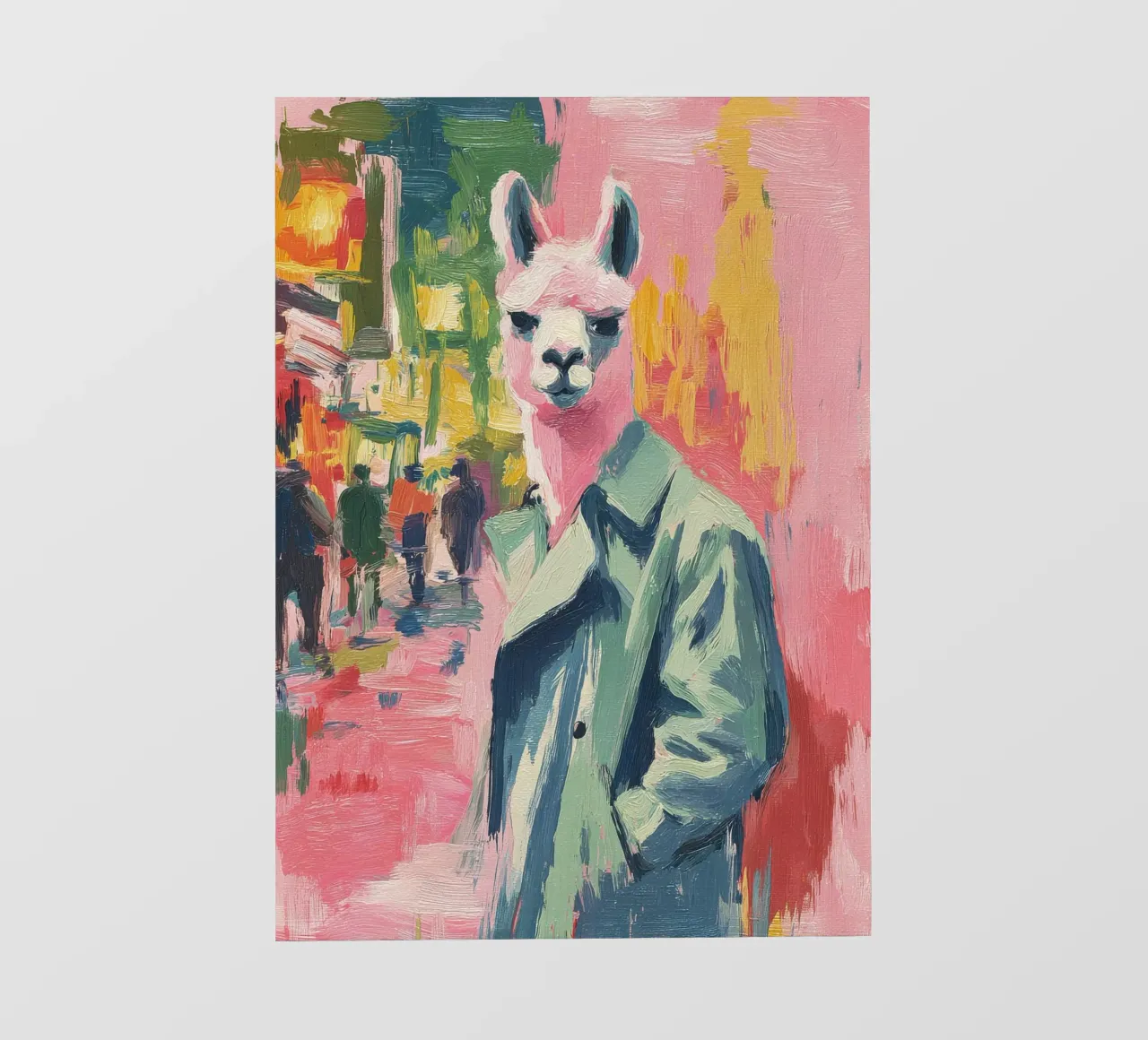 Un lama rosa con un cappotto verde per strada telo in pvc da Nikis Art Studio