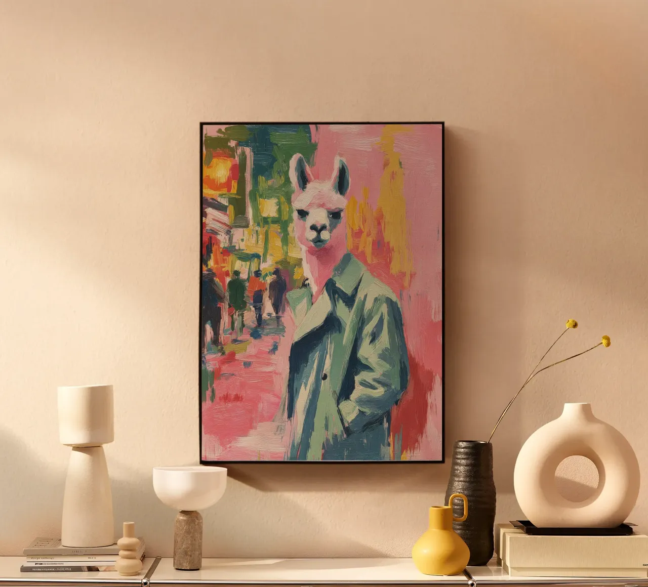 Un lama rosa con un cappotto verde per strada plexiglass da Nikis Art Studio
