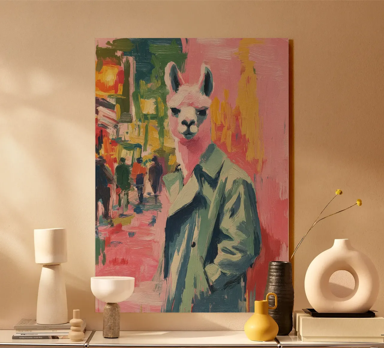 Un lama rosa con un cappotto verde per strada alluminio dibond da Nikis Art Studio