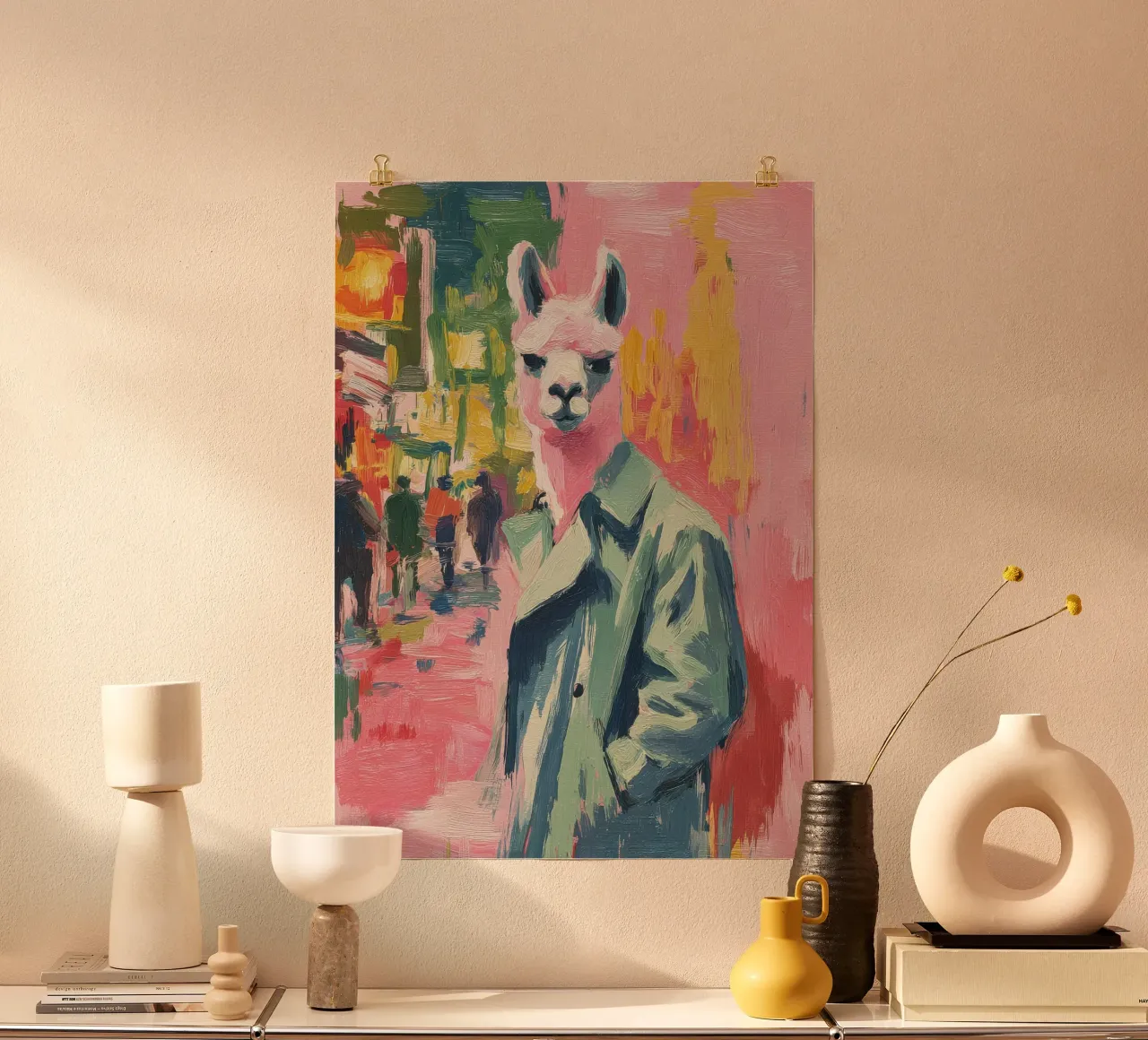 Un lama rosa con un cappotto verde per strada carta hahnemühle da Nikis Art Studio