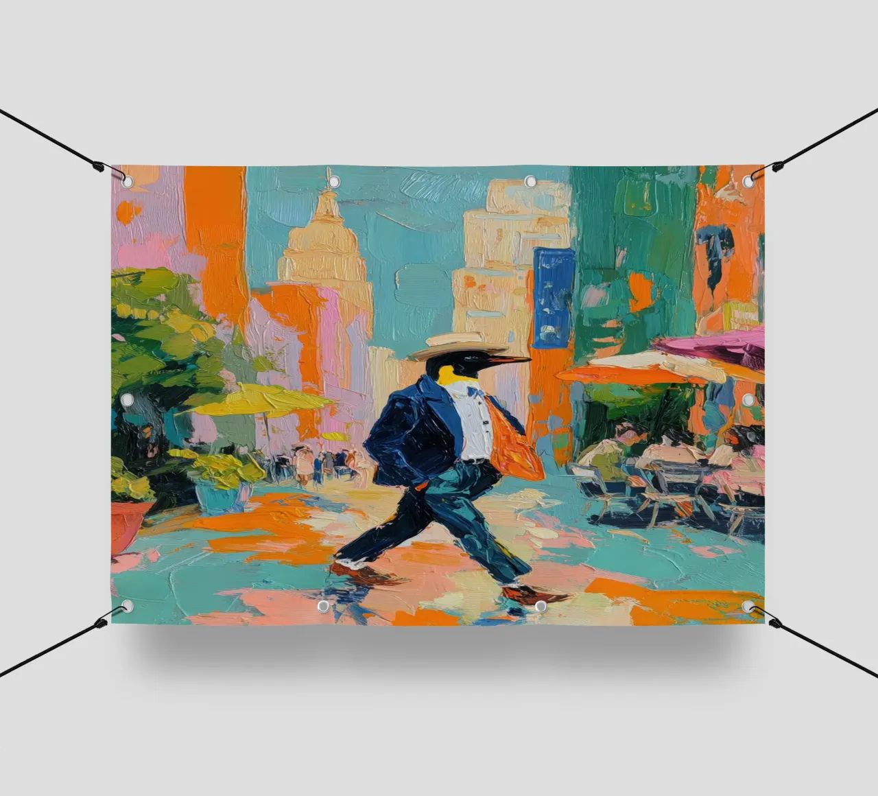 Pinguino in giacca e cravatta a New York telo in pvc da Nikis Art Studio