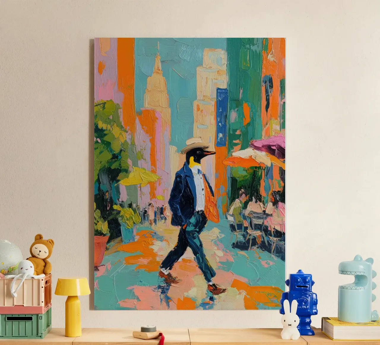 Pinguino in giacca e cravatta a New York plexiglass da Nikis Art Studio