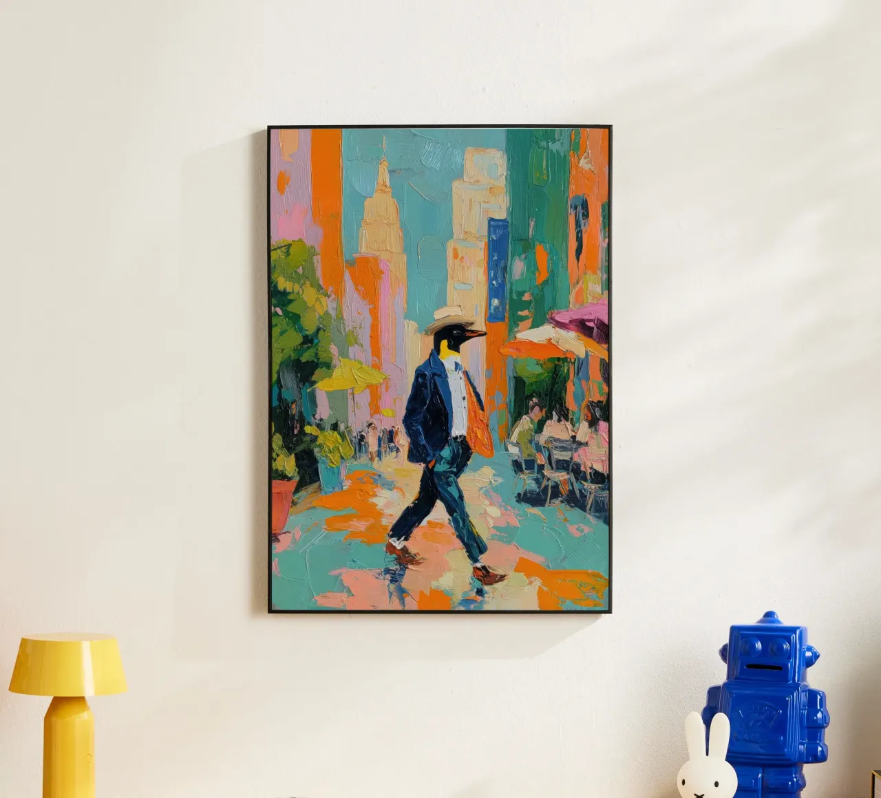 Pinguino in giacca e cravatta a New York alluminio dibond da Nikis Art Studio