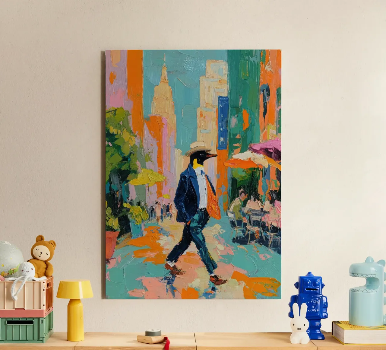 Pinguino in giacca e cravatta a New York alluminio dibond da Nikis Art Studio
