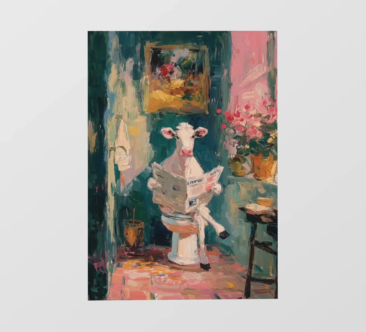 Mucca in bagno illustrazione ad olio pellicola backlit da Nikis Art Studio