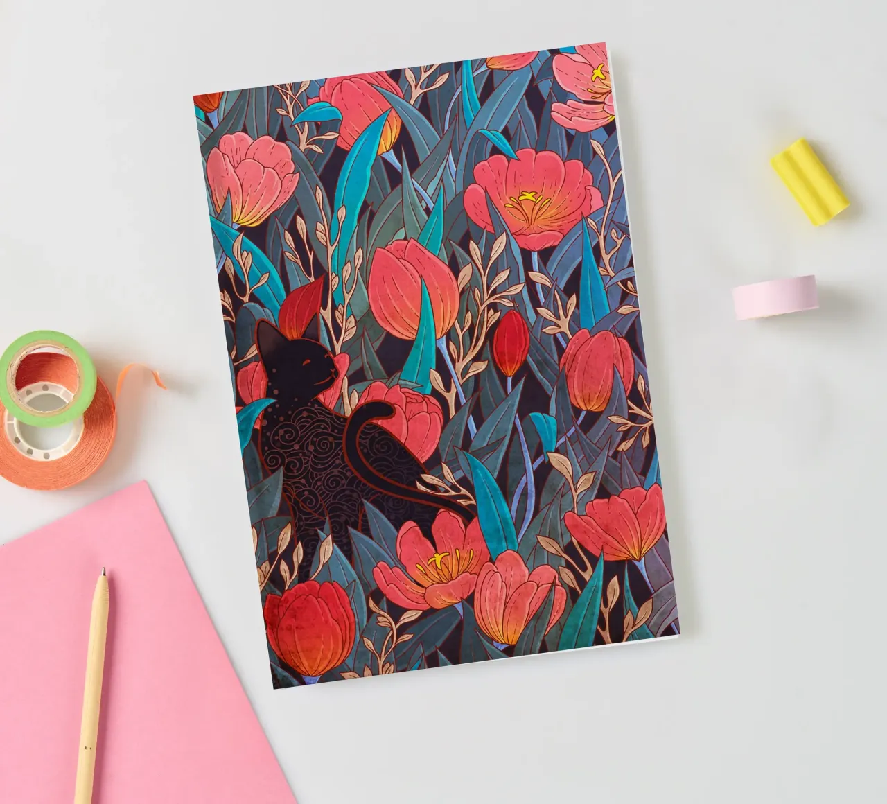 Black Cat and Tulips notebook by Junior Harrington