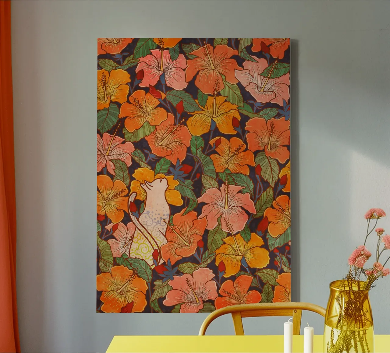 Cat in a Hibiscus Field canvas by Junior Harrington