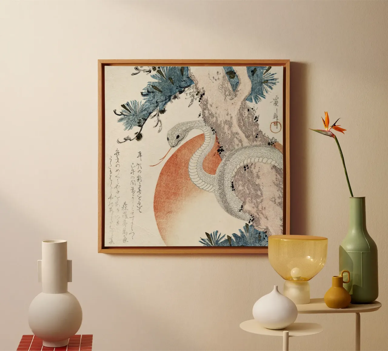 Snake coiled around a pine tree tela da vintageshop